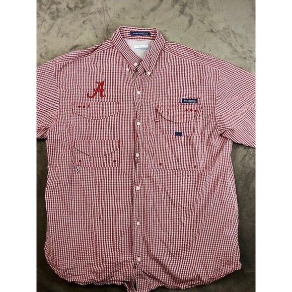 Alabama Crimson Tide Shirt‎ Mens Large Red Columbia PFG Gingham Super Bonehead - Picture 1 of 6